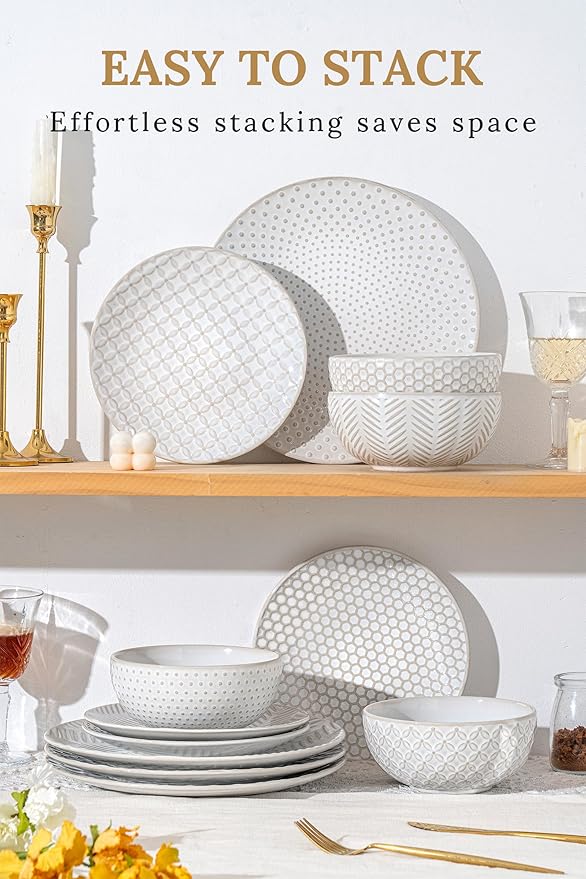 FOBENTA 18-Piece Embossed Ceramic Dinnerware Set–6 Dinner Plates,6 Salad Plates,6 Pasta Bowls,Elegant & Durable Tableware,Dishwasher & Microwave Safe,Perfect for Family & Entertaining