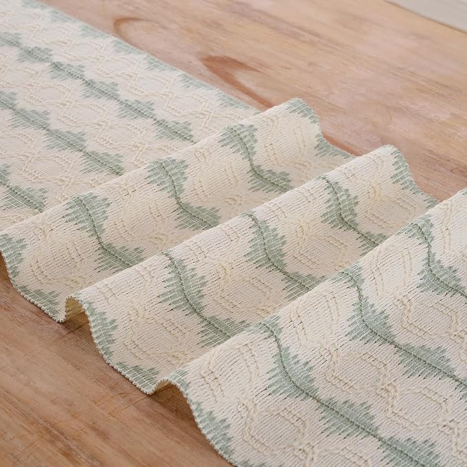 Fancy Homi Sage Green Boho Cotton Polyester Table Runner 60 Inches Long, Farmhouse Macrame Table Runners with Tassels for Home Party Bohemian Rustic Bridal Shower Kitchen Dining Decor 12x60 Inches