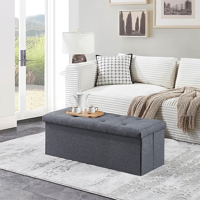 Folding Storage Ottoman Bench, Ottoman Foot Rest, End of Bed Bench, Storage Chest, for Living Room, Bedroom, Entryway, 43 Inches, Gray