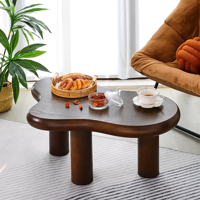 34"(L) Cloud Coffee Table, Modern Wood Coffee Table for Living Room, Accent Center Tables with 3 Legs, Small Tea Tables for Balcony, Patio, Bedroom, Walnut