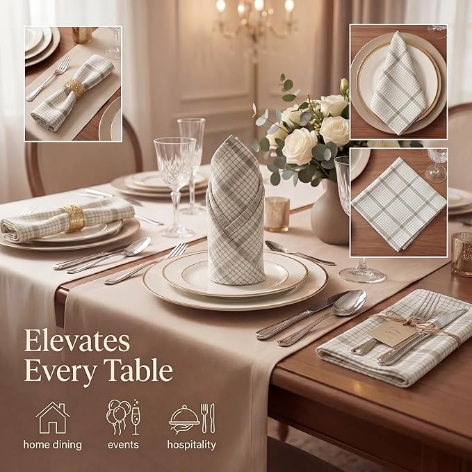 Urban Villa Cloth Napkins 100% Cotton Highly Absorbent Washable Durable Reusable Premium Dinner Napkins Ideal for Gifts for Mothers Day Hotel Farmhouse Parties - Tiny Checks (20" x 20", Set of 12)