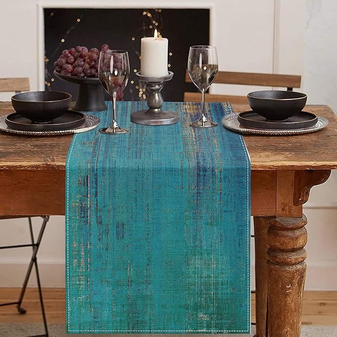 Emvency Vintage Farmhouse Table Runner, Abstract Teal and Gold Weathered Textured for Kitchen Coffee Table Family Dinners Holiday Parties Wedding Events Decor(13x72 inch)