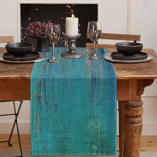 Emvency Vintage Farmhouse Table Runner, Abstract Teal and Gold Weathered Textured for Kitchen Coffee Table Family Dinners Holiday Parties Wedding Events Decor(13x72 inch)
