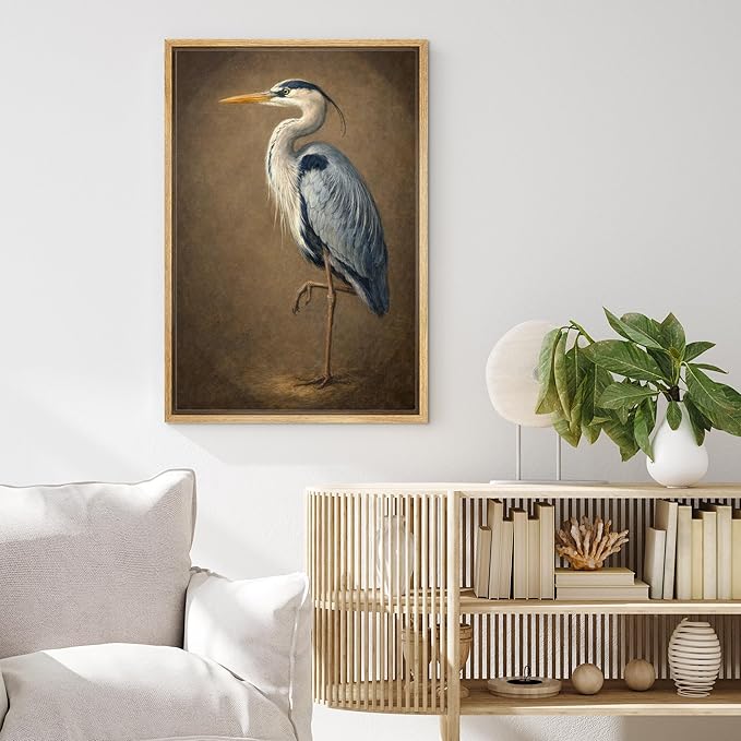 MUDECOR Framed Canvas Print Wall Art Classic Heron Portrait in Vintage Natural Style Illustrations Minimalism Decorative Bohemian Zen for Living Room, Bedroom, Office - 24"x36" NATURAL
