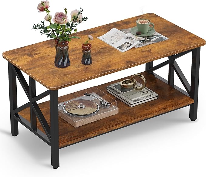 WLIVE Coffee Table for Living Room, 39" Modern 2-Tier Center Table with Round Corners, Storage Shelf, Farmhouse Style Small Coffee Table with Metal Frame, Rustic Brown