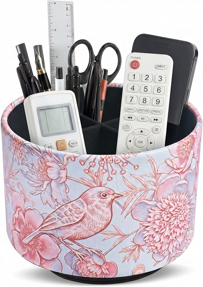 Round Leather Art Supply Organizer,Remote Control Holder,360 Degree Spinning,Multi-Functional Pencil Holder,4 Compartments Desktop Stationary Organizer(1-Pink Blue Bird)