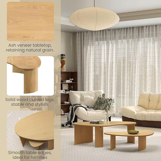 Nesting Coffee Tables Set of 2, Cloud Coffee Tables with Fluted Legs, Ash Veener End Table for Living Room, Natural