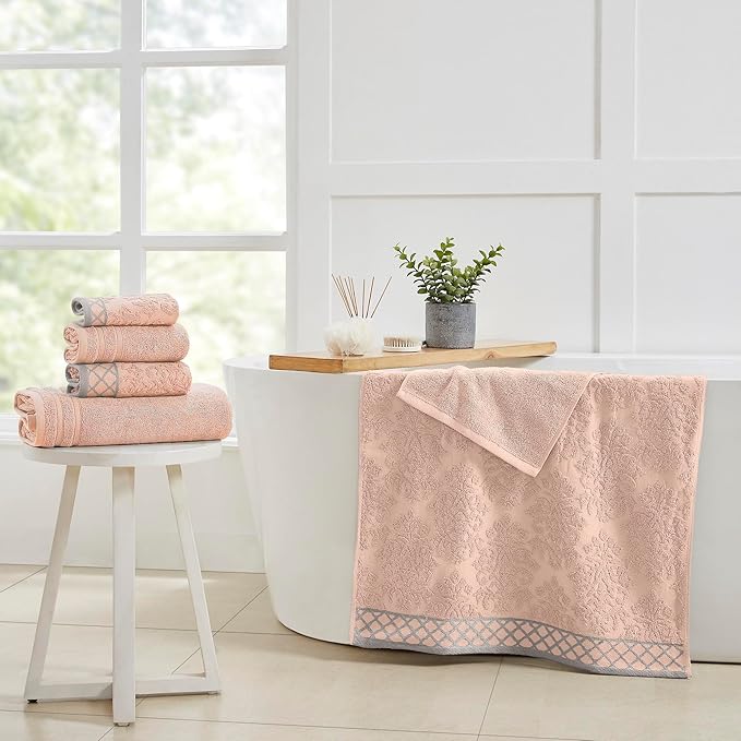 Modern Threads 6 Piece Cotton Bath Towel Set – Ultra Soft 550 GSM Towels – Bathroom Set with Hand Towels and Washcloths – Diamond Border (Blush)