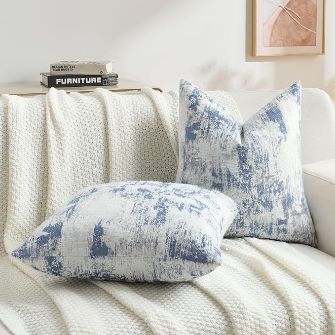 FUTEI Pack of 2 Faux Cashmere Jacquard Throw Pillow Covers 12x20 Inch Soft Marble Pattern Vintage Decorative Pillowcase Modern Farmhouse Accent for Couch Bed Living Room, Blue White