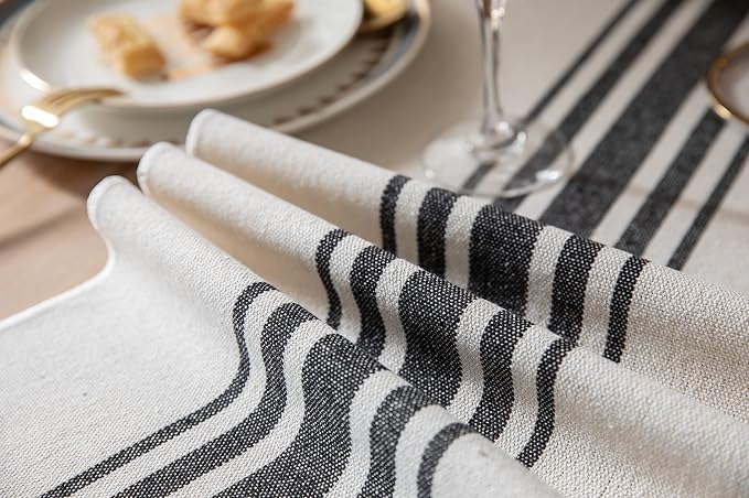 Boho Table Runner for Modern Farmhouse Decor, Dining Table décor 13 x 72 Inch Long with Handcrafted Tassels, Black and Beige Stripe Table Runner for Home Boho décor