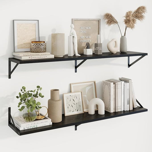 Axeman 48 Inch Floating Shelves | 10 Inch Deep Black Wall Shelves Set of 2 | 48" W x 10" D Black Wood Floating Shelves for Living Room Bathroom Kitchen