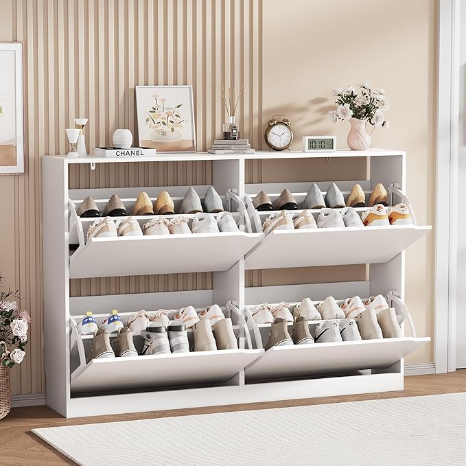 Shoe Storage Cabinet, Wood Shoe Organizer for Entryway with 4 Flip Drawers, Freestanding Shoe Rack with Adjustable Shelf, Narrow Shoe Dresser for Front Door Entrance(White, 47.24" x 32.28" x 9.44")