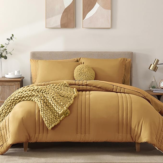 Monbix Queen Comforter Set - 7 Pieces Desert Yellow Bed in a Bag Queen Bedding Sets with Comforters, All Seasons Comforter Bed Set with Sheets, Pillowcases & Shams