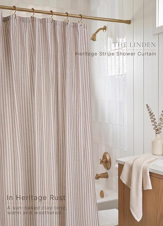Farmhouse Striped Shower Curtain - 72x84 Inches, Linen Blend Fabric, Breathable & Machine Washable, Rustic Rust for Bathroom Decor (Hooks/Liner Not Included)