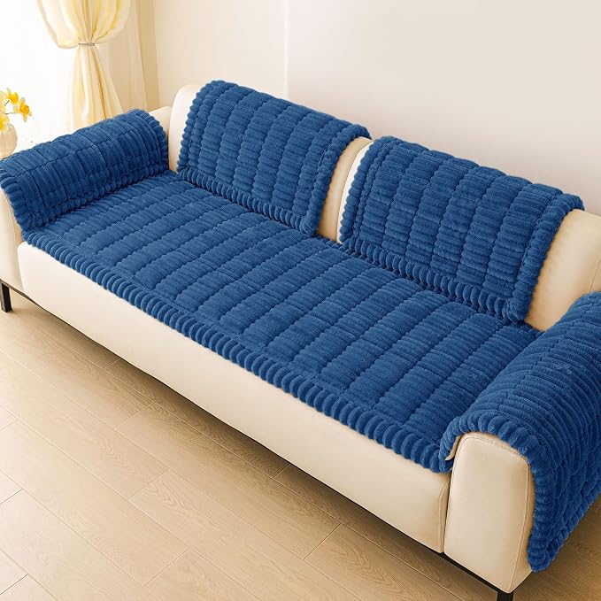 hyha Couch Cover for Dogs Washable, Non Slip Thick Flannel Sofa Protector, Pet Friendly Plush Furniture Cover for Sectional Sofa & Loveseat (Navy Blue, 27.6" x 47")