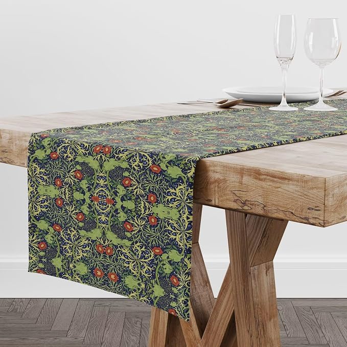 William Morris Floral Table Runner, Vintage Flowers Green Botanical Printed Table Runner for Home Kitchen Dining Table Decoration 13x60 Inch