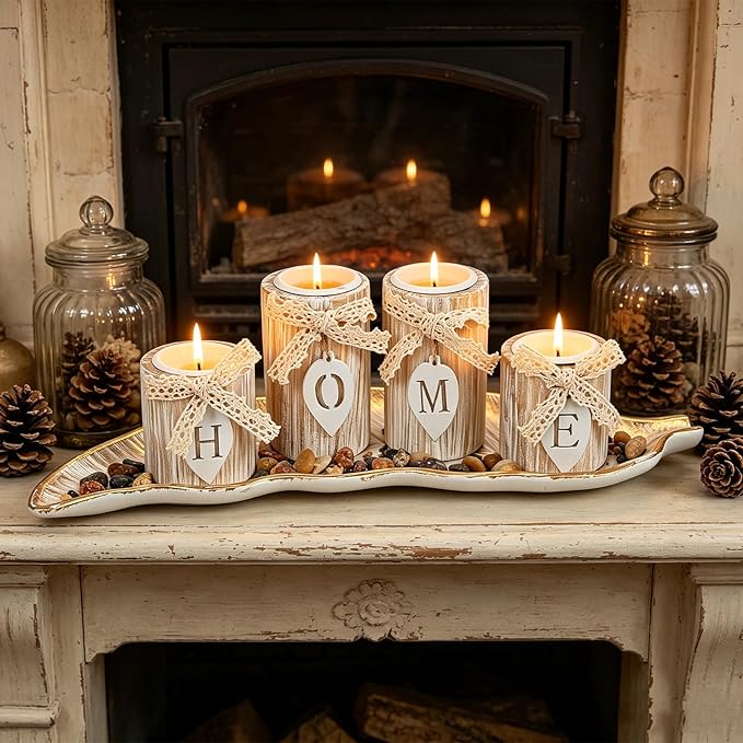 Wooden Candle Holders Centerpieces for Living Room Coffee Table Decorations,Farmhouse Table Decor Tealight Candles Holders with Rustic Tray,Candlesticks for Home Decoration Fireplace Kitchen (Leaf)