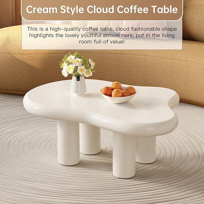 Guyii Cream White Coffee Table Cloud Coffee Table Cute Sofa End Table with 4 Legs Living Room Tables Small Side Table for Living Room Apartment Studio 36" Easy Assemble