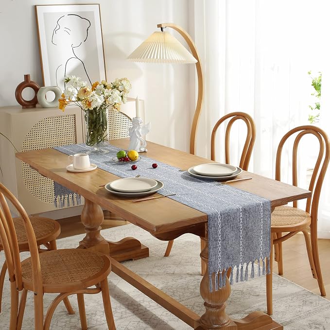 Rustic Boho Table Runner, Farmhouse Table Runners 72 Inches Long for Kitchen Dining Room, 13x72 Inches, Blue Lines