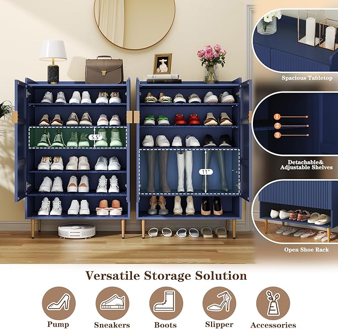 HLR Shoe Cabinet Storage for Entryway, 6-Tiers Modern Shoes Cabinet with Fluted Doors, Wood Shoes Rack with Adjustable Shelves, Shoe Organizer for Front Door Entrance, Living Room, Blue