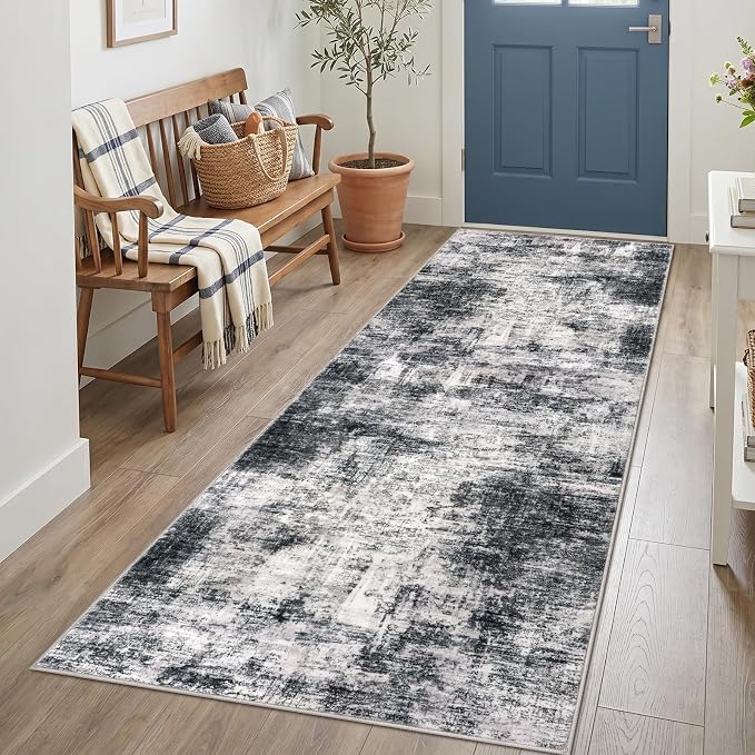 IOHOUZE Abstract Runner Rug 3x7 Ft Washable Runners for Hallways, Non Slip Kitchen Runner Printed Faux Wool Entryway Runner Indoor, Floor Carpet for Hall Kitchen Bedroom, Black Grey