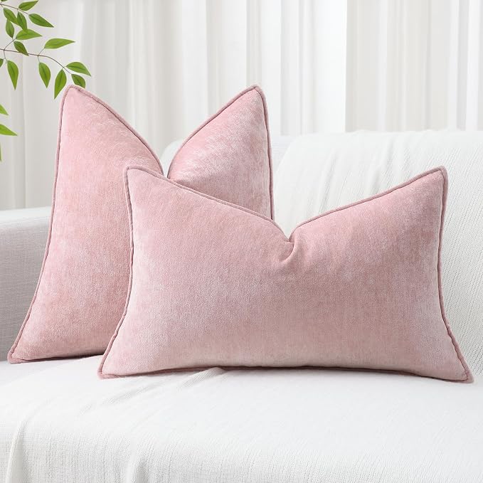 decorUhome Summer Couch Throw Pillow Covers 18x18 Set of 2, Decorative Soft Velvet Modern Cozy Chenille Pillow Cases with Elegant Design for Sofa Bed Living Room Home Decor, Blush Pink