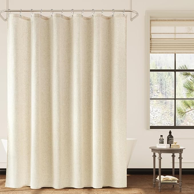 Naturoom Extra Long Linen Shower Curtain, 72x96 Inch Beige Weighted Textured Thick Fabric Shower Curtain Set with Hooks, Large Boho Farmhouse Hotel Luxury Bath Curtains for Bathroom, Cream