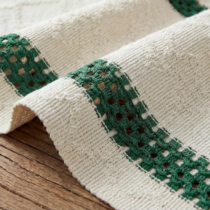 Artoid Mode Forest Green Stripe Woven Table Runner, Seasonal Holiday Hollow Kitchen Dining Table Decoration for Home Party Decor 12x120 Inch