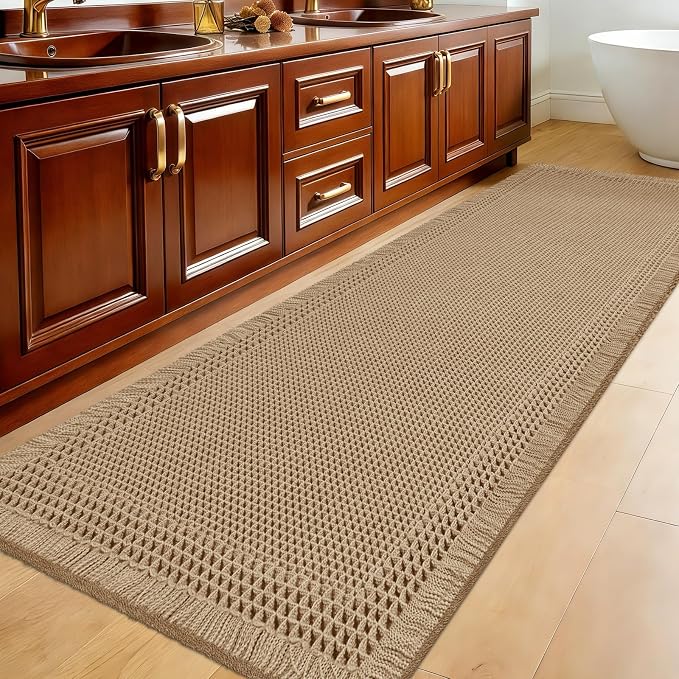 Extra Large Waffle Bath Mat, 5'x2' Beige-Bordered, Super Absorbent Non-Slip Quick Dry Bathroom Rugs with Tassels, Machine Washable Ultra Soft Boho Bath Rugs for Floor, Toilet Mats Boho Farmhouse Decor