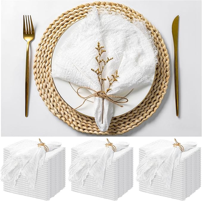 60 Pack White Cloth Napkins Cotton Linen Napkin 16 x 16 Inch White Napkins Cloth Handmade with Fringe Soft Washable Rustic Dinner Napkin Cloths for Wedding Party Dinner Table