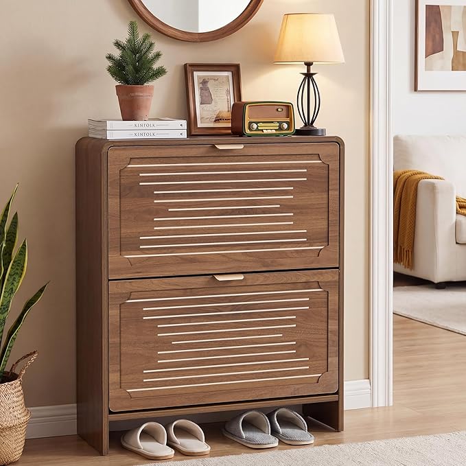 Narrow Shoe Cabinet, Wood Shoe Rack for Entryway with 2 Flip Drawers, Mid-Century Modern Slim Shoe Storage Cabinet Freestanding Hidden Shoes Organizer for Foyer, Hallway (Walnut, 27.56'')