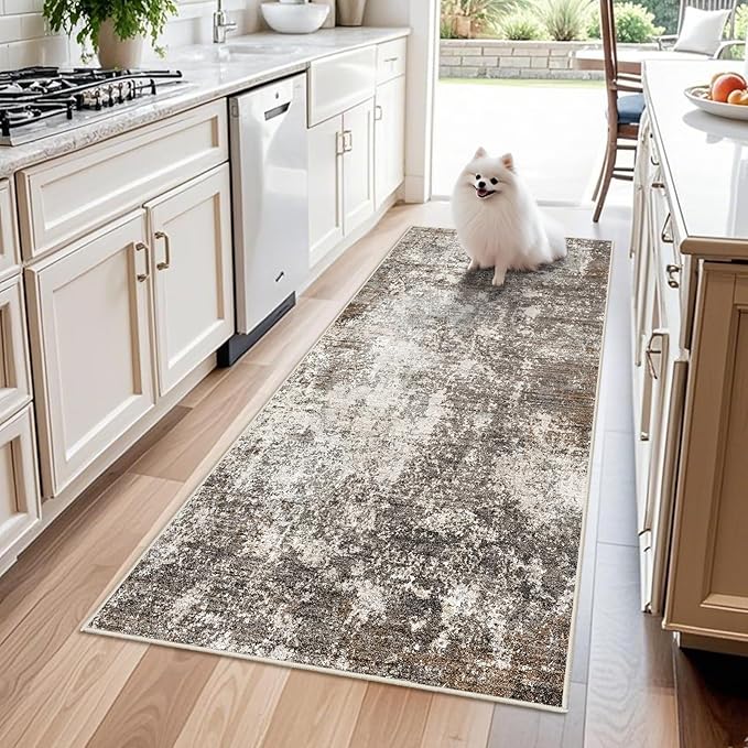 3x6 Non-Slip Washable Entryway Rug - Stain-Resistant Low-Pile Thin Wide Carpet Runner for Kitchen, Hallway, Bathroom | Modern Neutral Abstract(Brown Beige,3x6)