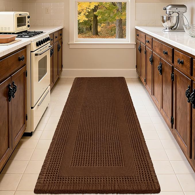 Waffle Bath Mat Set 2 Piece, Boho Woven Modern Bath Rug Absorbent Non Slip, Ultra Soft Bathroom Mats, Machine Washable Knit Bath Rugs with Tassels for Bathroom, Bedroom, Kitchen, Shower, Tub, Brown