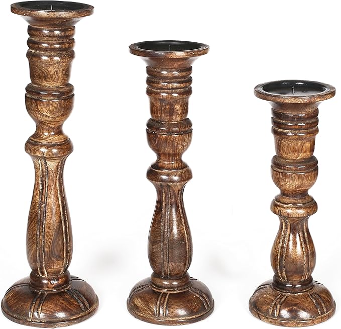 Wooden Candle Holder Set of 3, Tall Natural Burnt Pillar Candle Holders, Rustic Farmhouse Decor, Brown Wooden Candle Stands for Home Decoration - 16, 14, 12 Inch Height