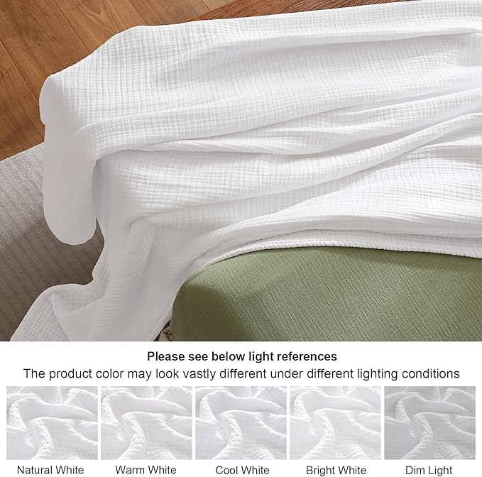 PHF 100% Cotton Muslin Blanket King Size 108"x90", 4-Layer Lightweight Gauze Throw, Breathable Cloud-Soft Minimalist Blanket for Bed, Couch, Camping, White, Ideal Gift