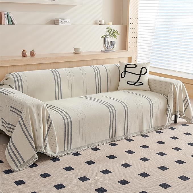DREAMINGO Couch Cover Reversible Chenille Loveseat Sofa Covers for Dogs Pets Beige Grey Couch Protector for 2 Cushion Couch Sofa Vertical Stripe Jacquard Sofa Slipcover Sectional, 71"x118"