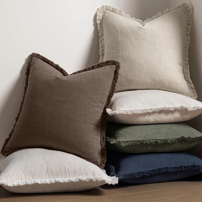 MIULEE Decorative Throw Pillow Covers Neutral Linen Fringe Throw Pillows Euro Shams Set of 2 Reddish Brown Boho Farmhouse Cushion Covers for Couch Sofa Bed Living Room Spring Home Decor 26x26 Inch