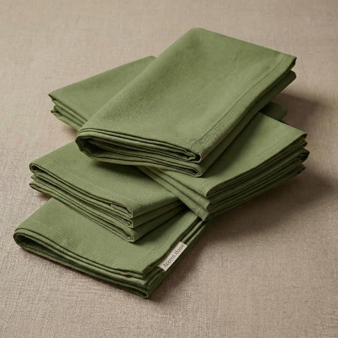 ACCENTHOME Accent Home 100% Cotton Napkins, Delicate Cloth Napkins for Dinners, Parties and Weddings，18 x 18 Inch Set of 12 - Olive Green