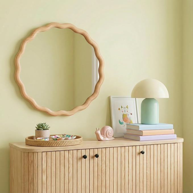 PERFNIQUE Scalloped Round Mirror 24", Wood Framed Nursery Wall Mirror with Tempered Glass, Decorative Wavy Edge Circle Mirror for Bedroom, Entryway or Living Room