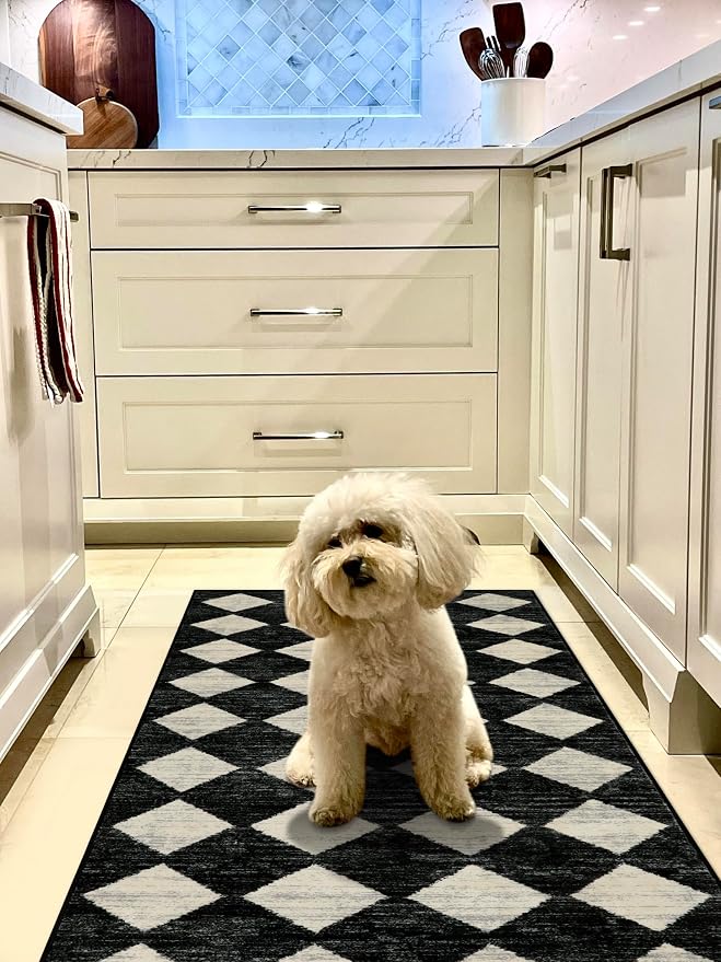Lahome Zelie Washable Kitchen Runner Rug, 2x7 Black and White Hallway Bathroom Runner Rugs, Moroccan Trellis Soft Non Slip Stain Resistance Carpet Runners for Entryway Bedside