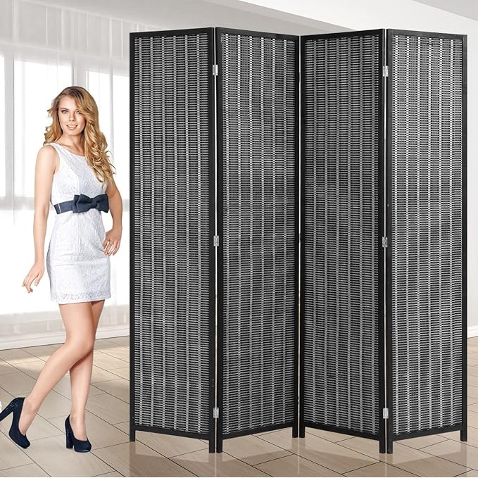 6ft Bamboo Room Divider Folding Privacy Screen 4 Foldable Panels Partition Wall Divider Freestanding Room Dividers Home Portable Partition Screen for Bedroom, Black