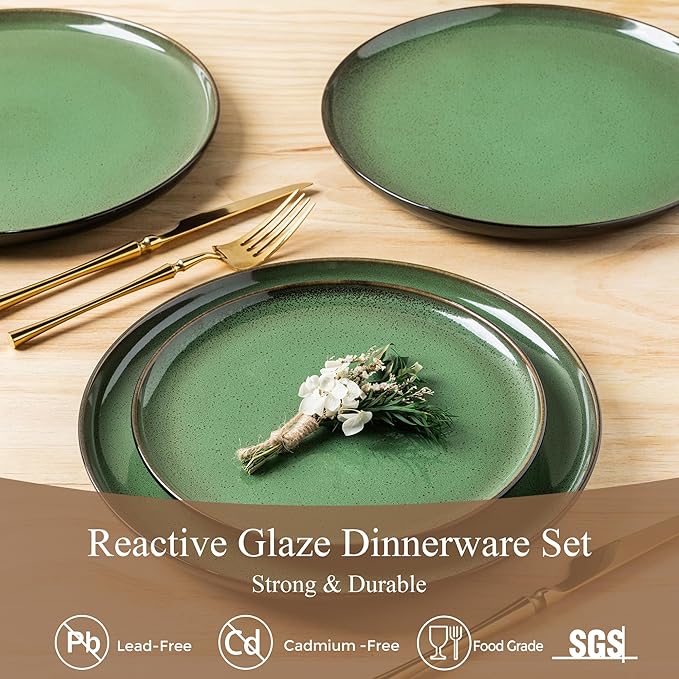 LeRatio Ceramic Dinnerware Sets for 6,Porcelain Plates and Bowls Sets,Handmade Reactive Glaze Dishes Set,Chip Resistant and Scratch Resistant | Oven&Dishwasher & Microwave Safe-Green(18PCS)