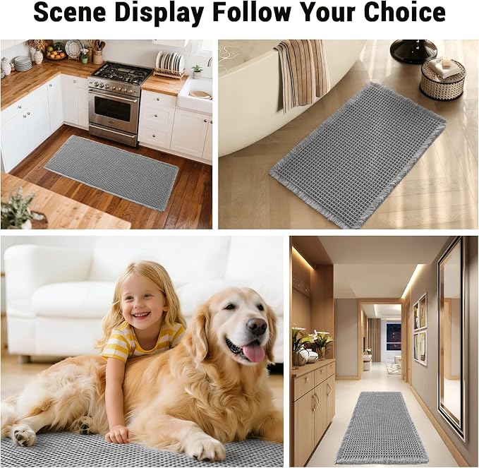 Waffle Bath Mat Set of 2, Non Slip Waffle Rugs for Bathroom, Super Absorbent & Quick Dry Soft Shower Mat for Bathroom & Kitchen Floor, Machine Washable Bath Rugs (Grey)