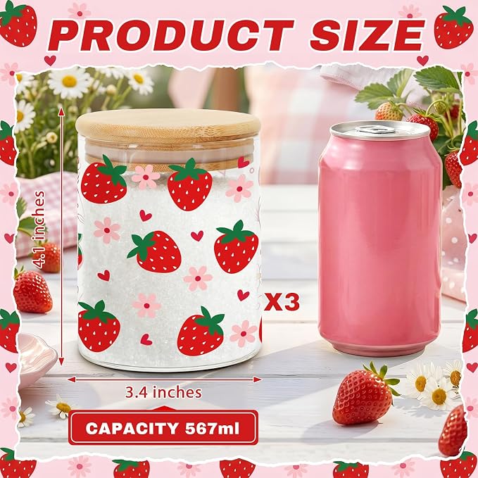 3 Pcs Strawberry Glass Storage Jars with Airtight Lids Cute Strawberry Candy Cookie Jars Gift Red Fruit Canister Set for Girls Women Summer Candy Cookie Containers Home Kitchen Counter Decor