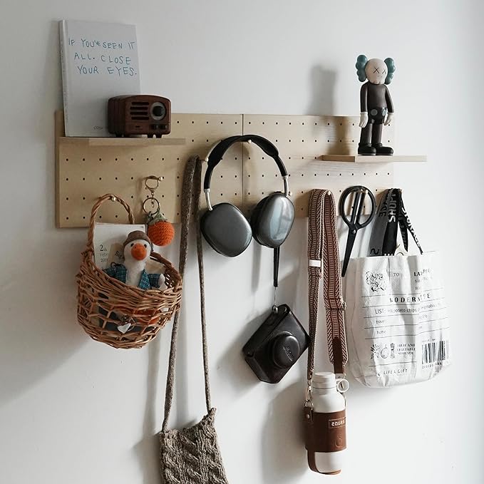 Pegboard Wall Organizer, 2 Pack Large Peg Board with Shelves & Brass Hooks, Modular DIY Storage Panel for Entryway, Craft Room - Heavy Duty Display Board for Hats, Keys—Birch Color Finish