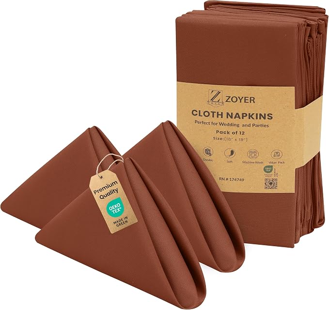 Zoyer Cloth Napkins Set of 12, 18x18 Inches Cotton Enrich Napkins Cloth ‎Washable, Soft & Durable Dinner Napkins for Parties, Wedding, Christmas, ‎Thanksgiving & Everyday Use - Rust