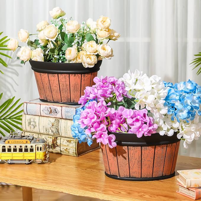 Layhit 6 Pcs Wall Hanging Planters Outdoor Pot Planter Wine Barrel Planter Distressed Oak Thickened Plastic Water Storage Flower Pots for Flower Indoor Outdoor(12 Inches, 10 Inches,Brown)