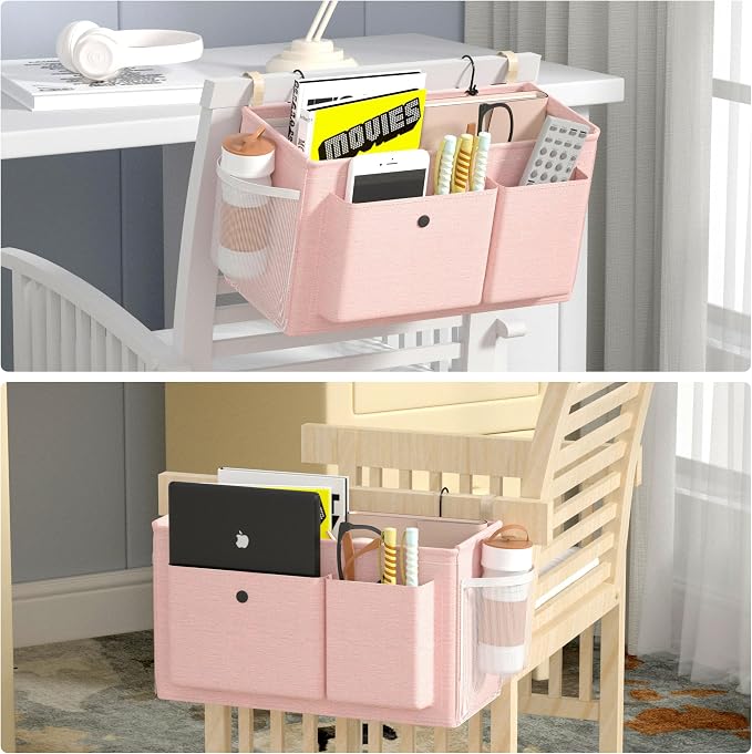 Edudif Bedside Caddy Bedside Organizer with Fixed Straps & Water Bottle Holder, Bunk Bed Caddy ideal for Home, Dorm, Hospital, Crib, Versatile Bedside Storage Solution