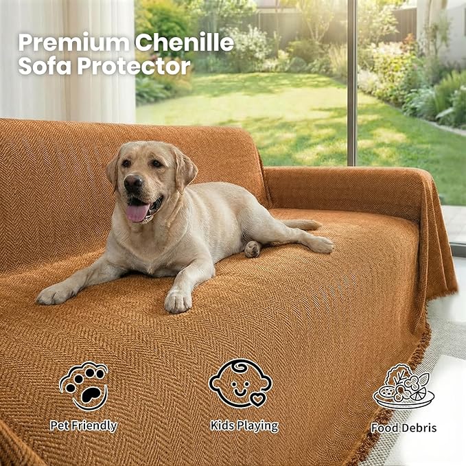 Chenille Couch Cover for Sofa Non Slip Cover Washable Pet Scratch Couch Covers Tassel Sofa Slipcover for 3 Cushion Couch Furniture Protector Blanket for Living Room,Clay Brown 91"x118"