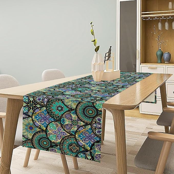 YCness Bohemian Mandala Flower Table Runner Boho Abstract Flowers Art Printed Green Table Runner Home Kitchen Dining Party Holiday Table, 13x36 Inch